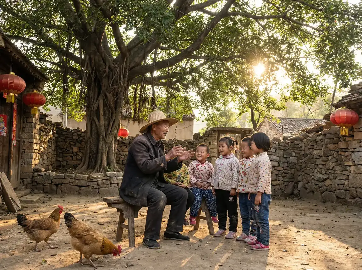 老人在大榕树下给孩子们讲故事 - 青梅竹马是消防员第二季未增减 乡村记忆
